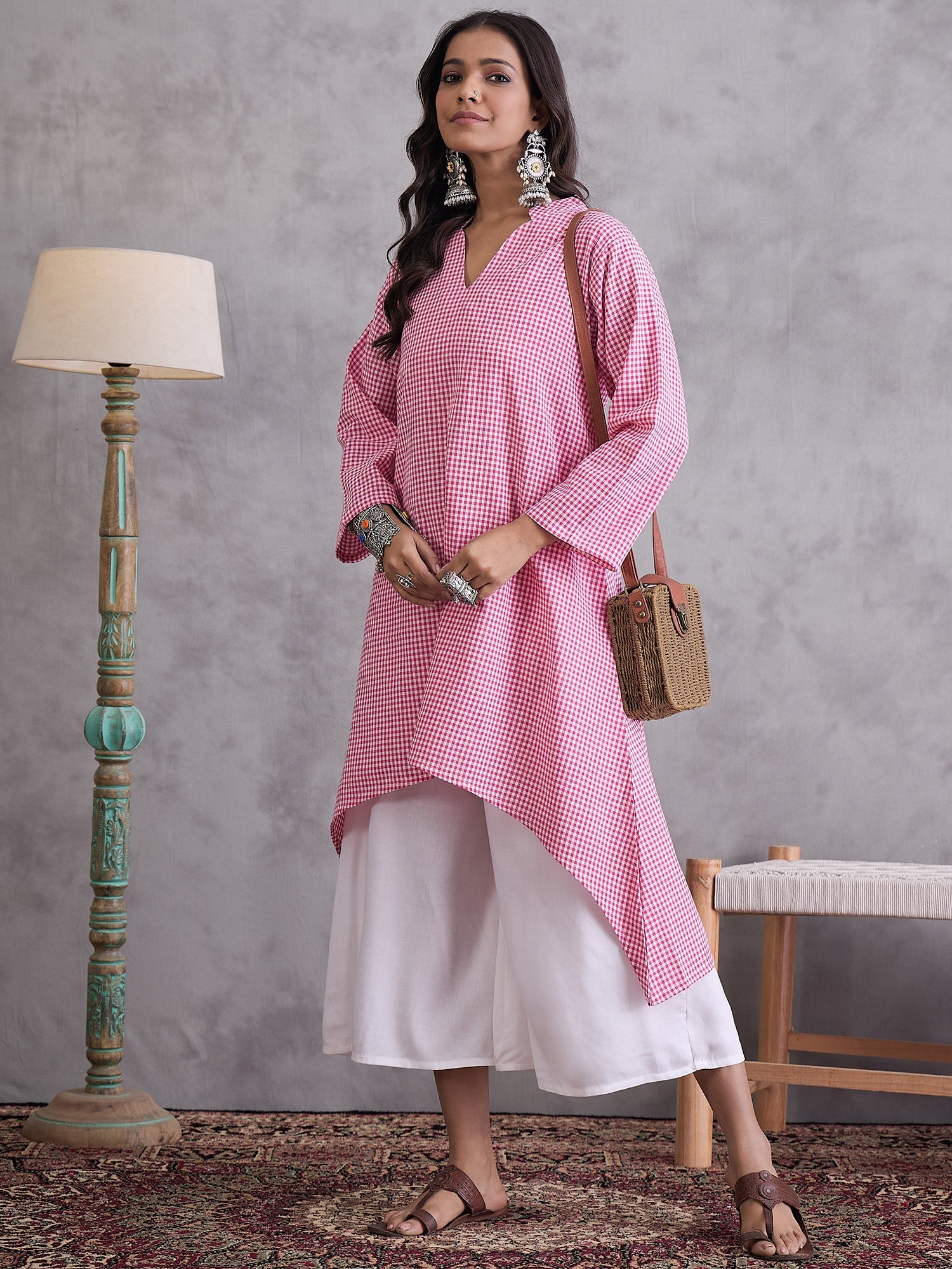 InWeave Pink Small Check Cream Palazzo Set - Distacart