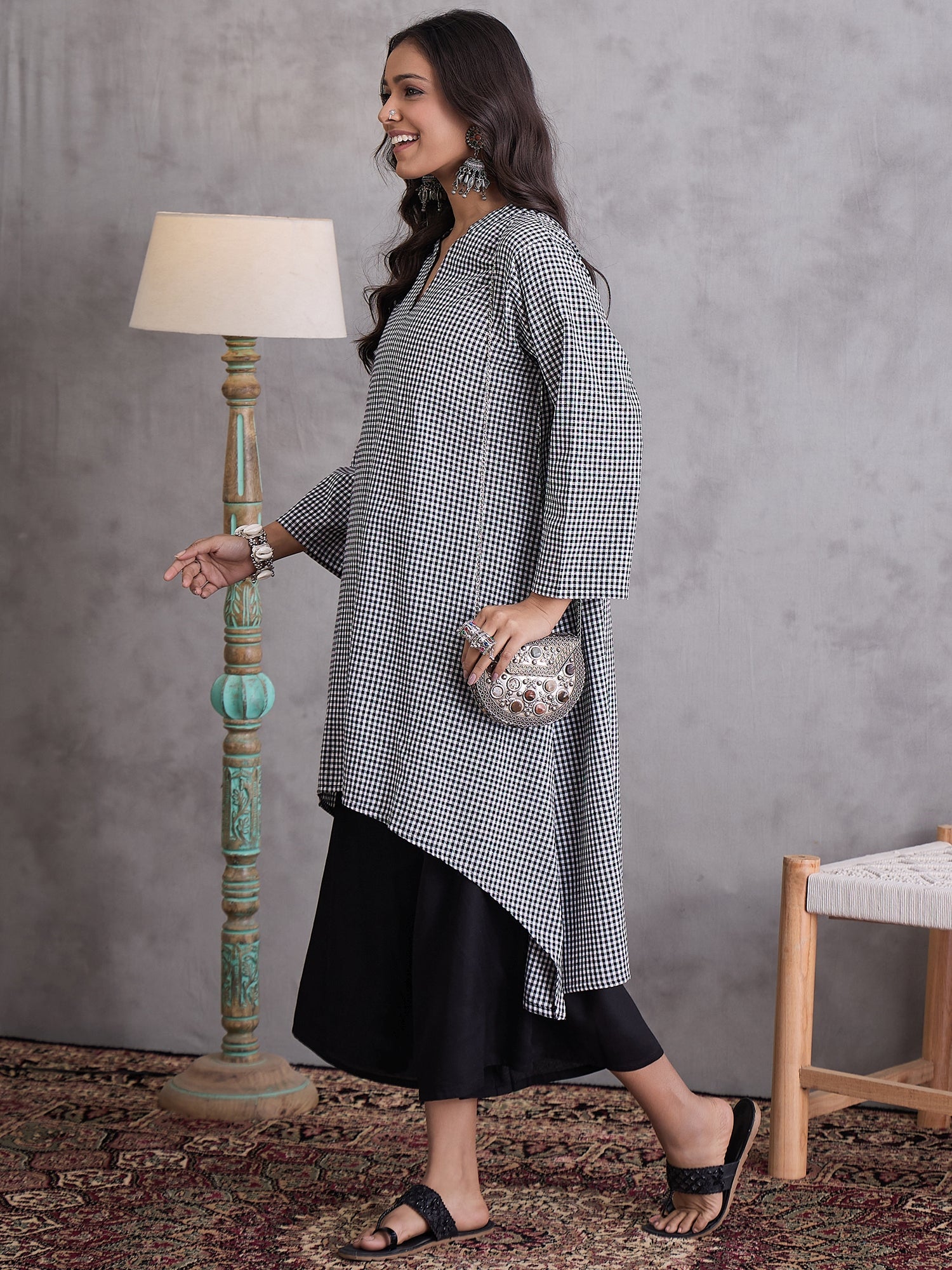 InWeave Black Small Check Black Palazzo Set - Distacart