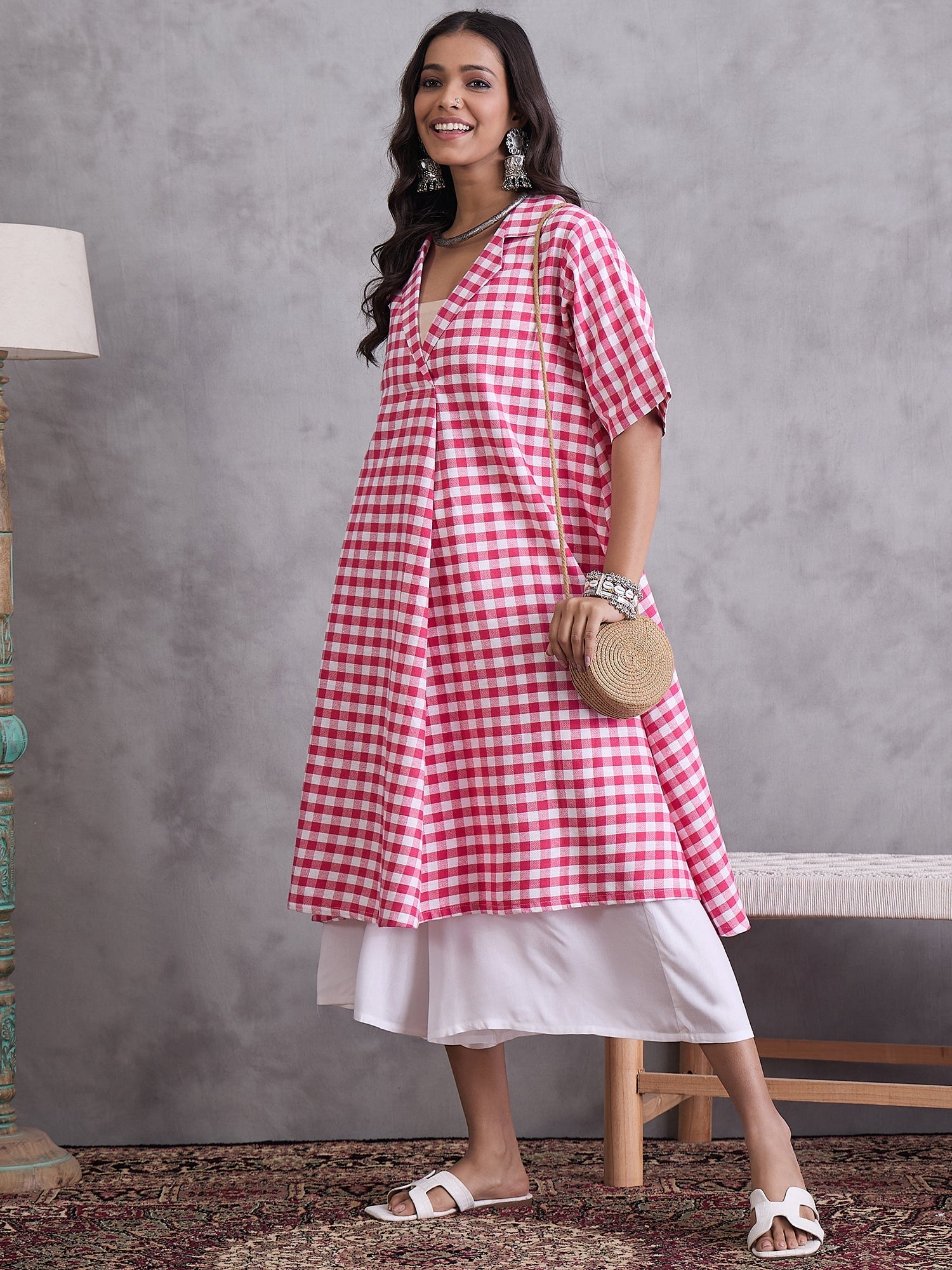 InWeave Pink Big Check Collar Palazzo Set - Distacart