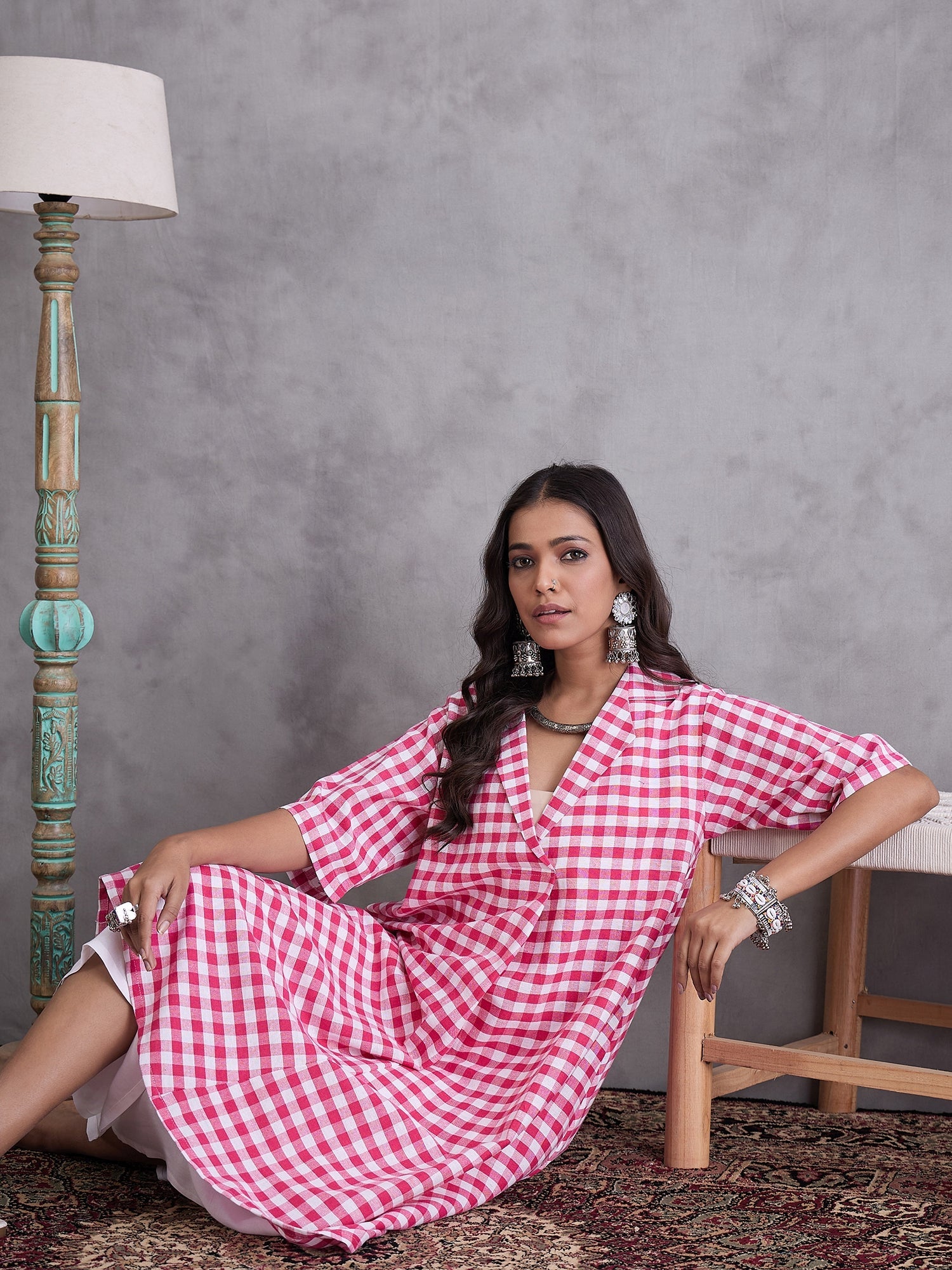 InWeave Pink Big Check Collar Palazzo Set - Distacart