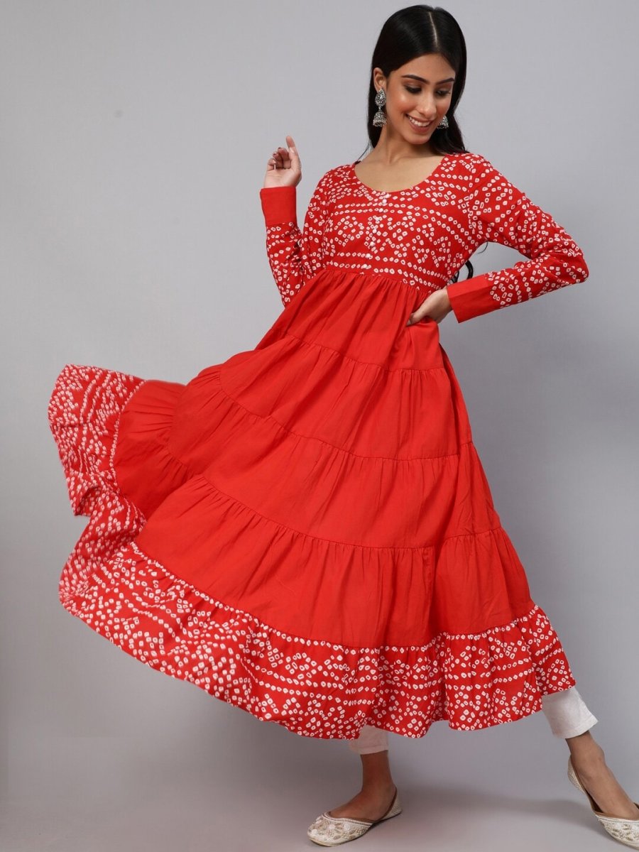 Aks Bandhani Yoke Design Long Sleeves Cotton Anarkali Kurta - Distacart
