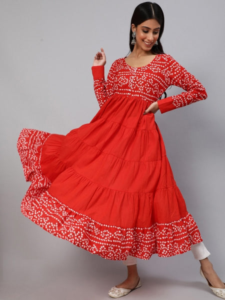 Aks Bandhani Yoke Design Long Sleeves Cotton Anarkali Kurta - Distacart