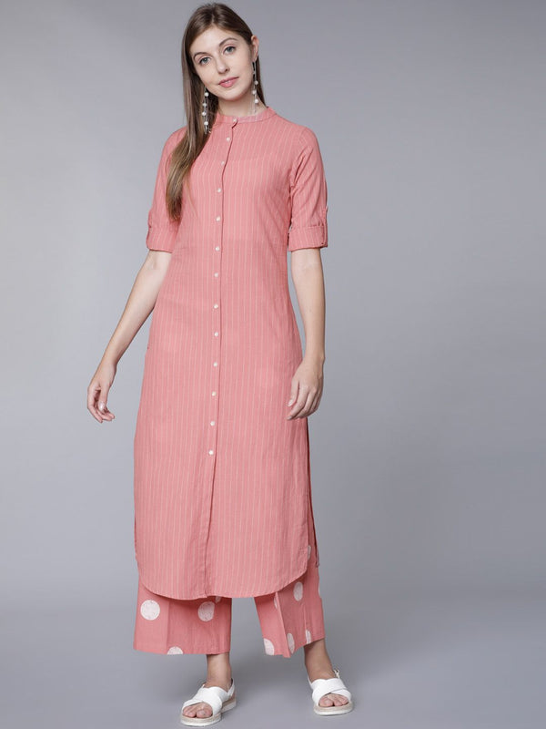 Vishudh Women Pink Striped Kurta with Palazzos - Distacart