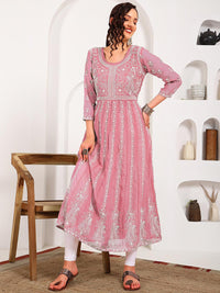 Thumbnail for HERE&NOW Women Chikankari Embroidered Thread Work Georgette Anarkali Kurta - Distacart