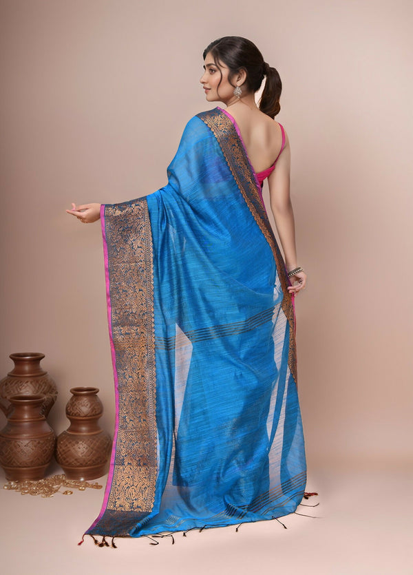 Joban Fashion Blue Cotton Blend Handloom Saree