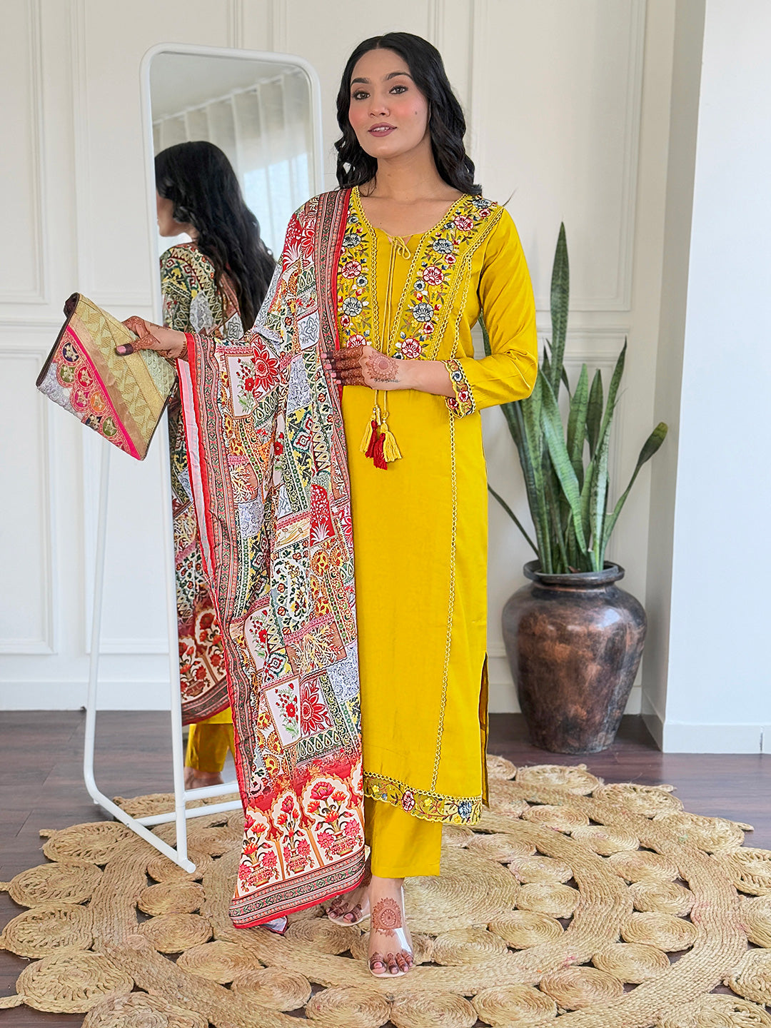 Lyush Women Party Wear Embroidery Worked Kurta With Pant And Dupatta Set - Mustard