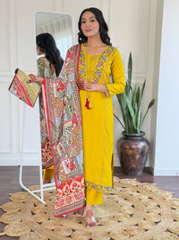 Thumbnail for Lyush Women Party Wear Embroidery Worked Kurta With Pant And Dupatta Set - Mustard
