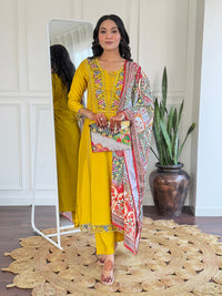 Thumbnail for Lyush Women Party Wear Embroidery Worked Kurta With Pant And Dupatta Set - Mustard