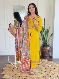 Thumbnail for Lyush Women Party Wear Embroidery Worked Kurta With Pant And Dupatta Set - Mustard