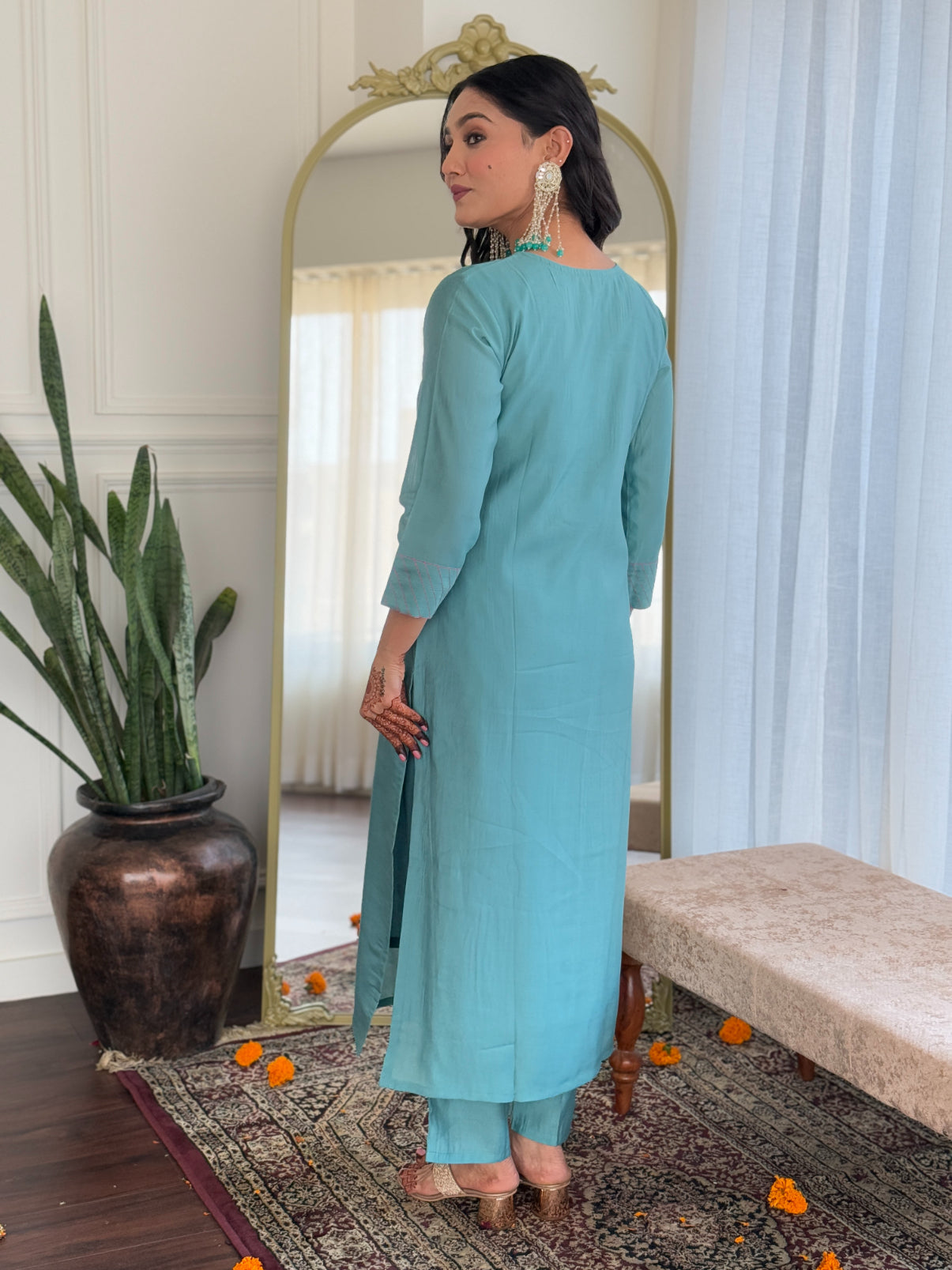 Lyush Women's Round Neck Work Chanderi Fabric Kurta Pant With Dupatta Set - Sky Blue