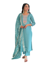 Thumbnail for Lyush Women's Round Neck Work Chanderi Fabric Kurta Pant With Dupatta Set - Sky Blue