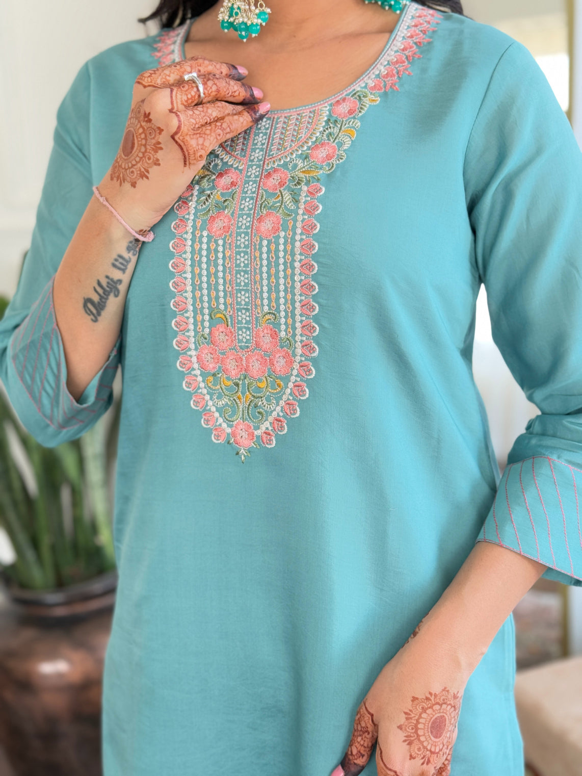 Lyush Women's Round Neck Work Chanderi Fabric Kurta Pant With Dupatta Set - Sky Blue