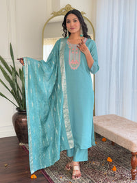 Thumbnail for Lyush Women's Round Neck Work Chanderi Fabric Kurta Pant With Dupatta Set - Sky Blue
