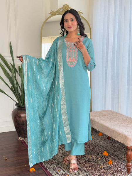 Lyush Women's Round Neck Work Chanderi Fabric Kurta Pant With Dupatta Set - Sky Blue