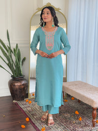 Thumbnail for Lyush Women's Round Neck Work Chanderi Fabric Kurta Pant With Dupatta Set - Sky Blue