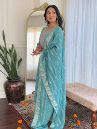 Thumbnail for Lyush Women's Round Neck Work Chanderi Fabric Kurta Pant With Dupatta Set - Sky Blue