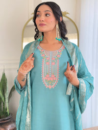 Thumbnail for Lyush Women's Round Neck Work Chanderi Fabric Kurta Pant With Dupatta Set - Sky Blue