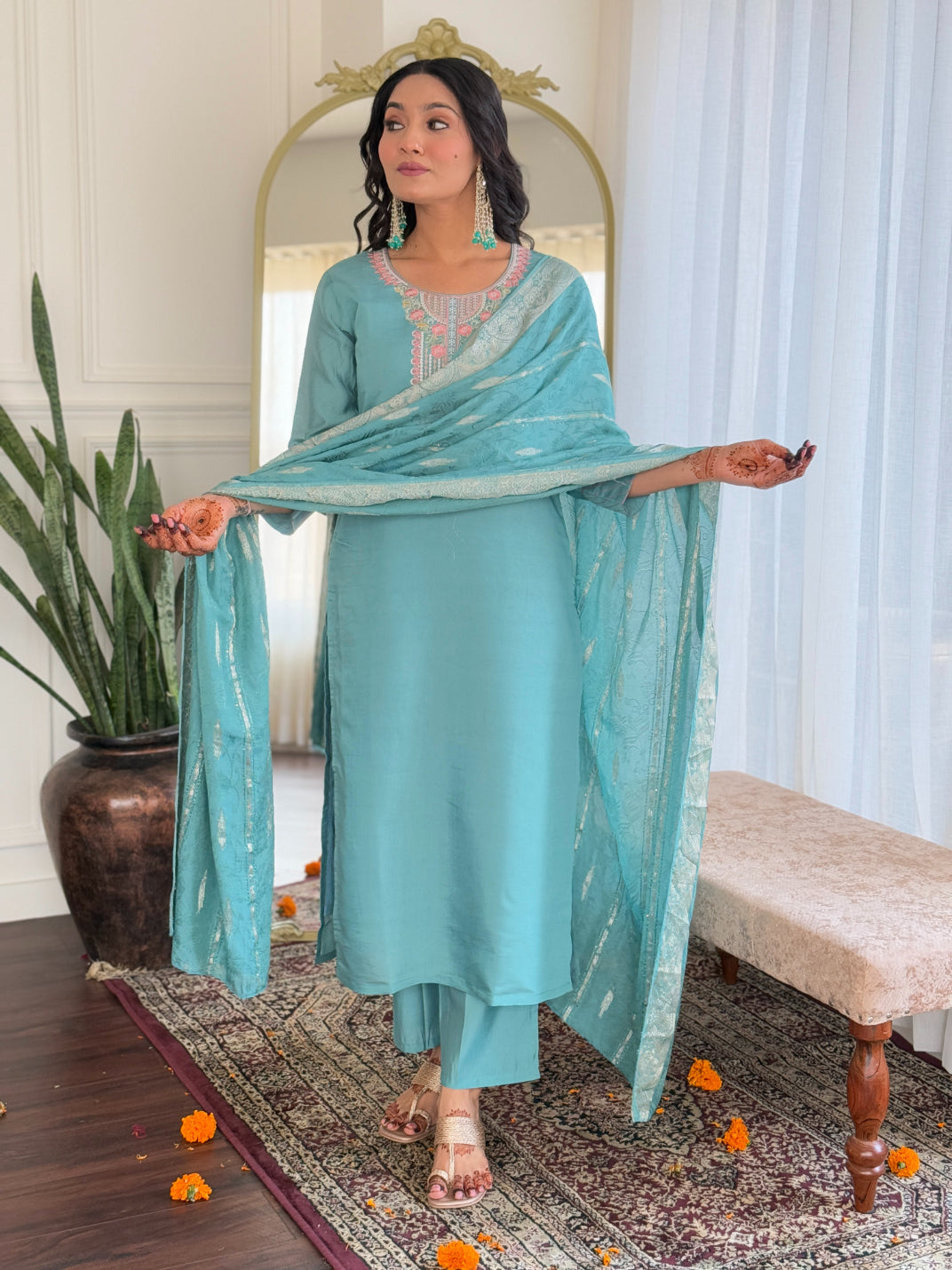 Lyush Women's Round Neck Work Chanderi Fabric Kurta Pant With Dupatta Set - Sky Blue
