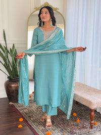 Thumbnail for Lyush Women's Round Neck Work Chanderi Fabric Kurta Pant With Dupatta Set - Sky Blue