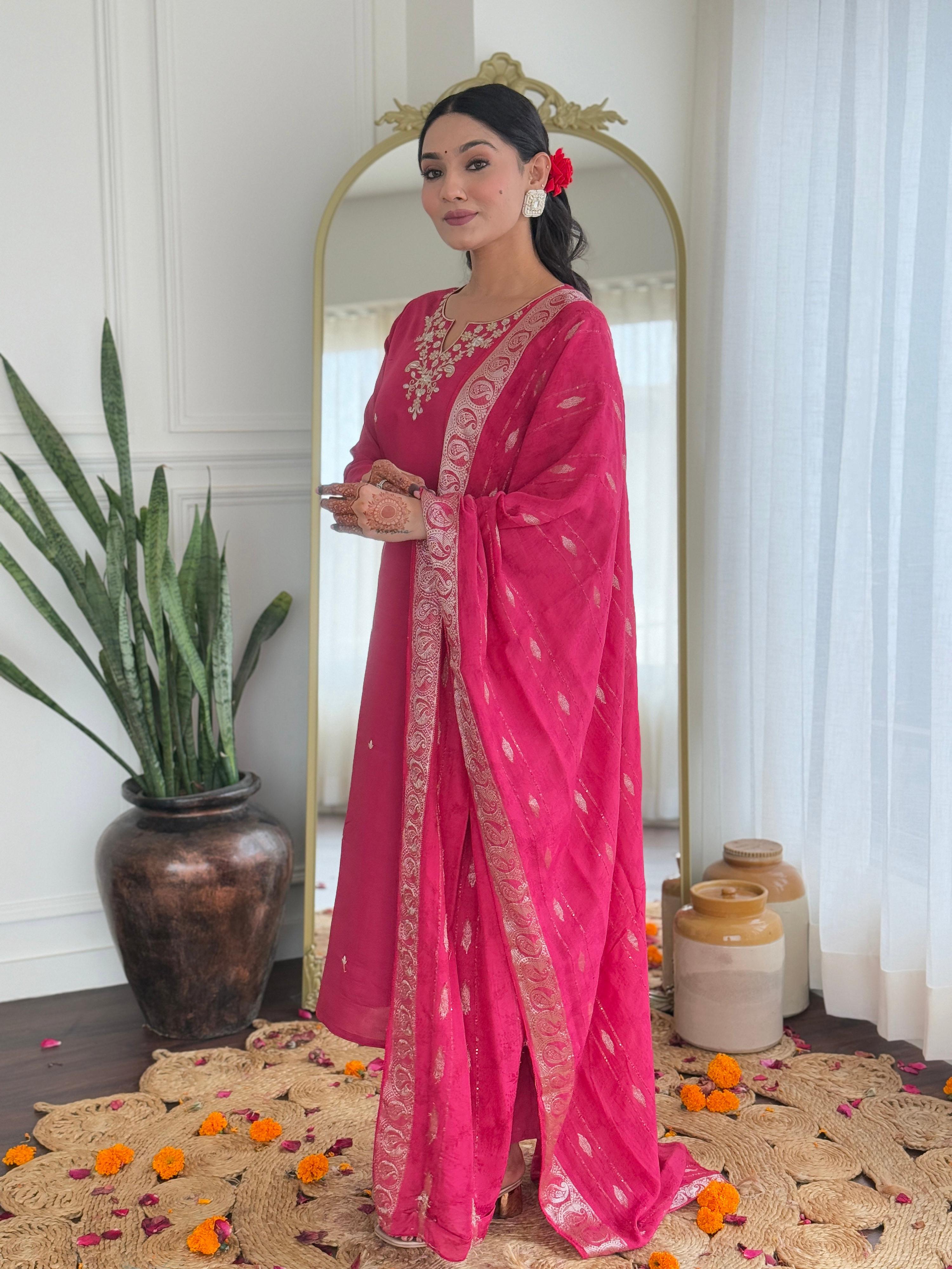 The52 Women's Viscose Silk Embroidery work Straight Kurta with Pant and Dupatta Set