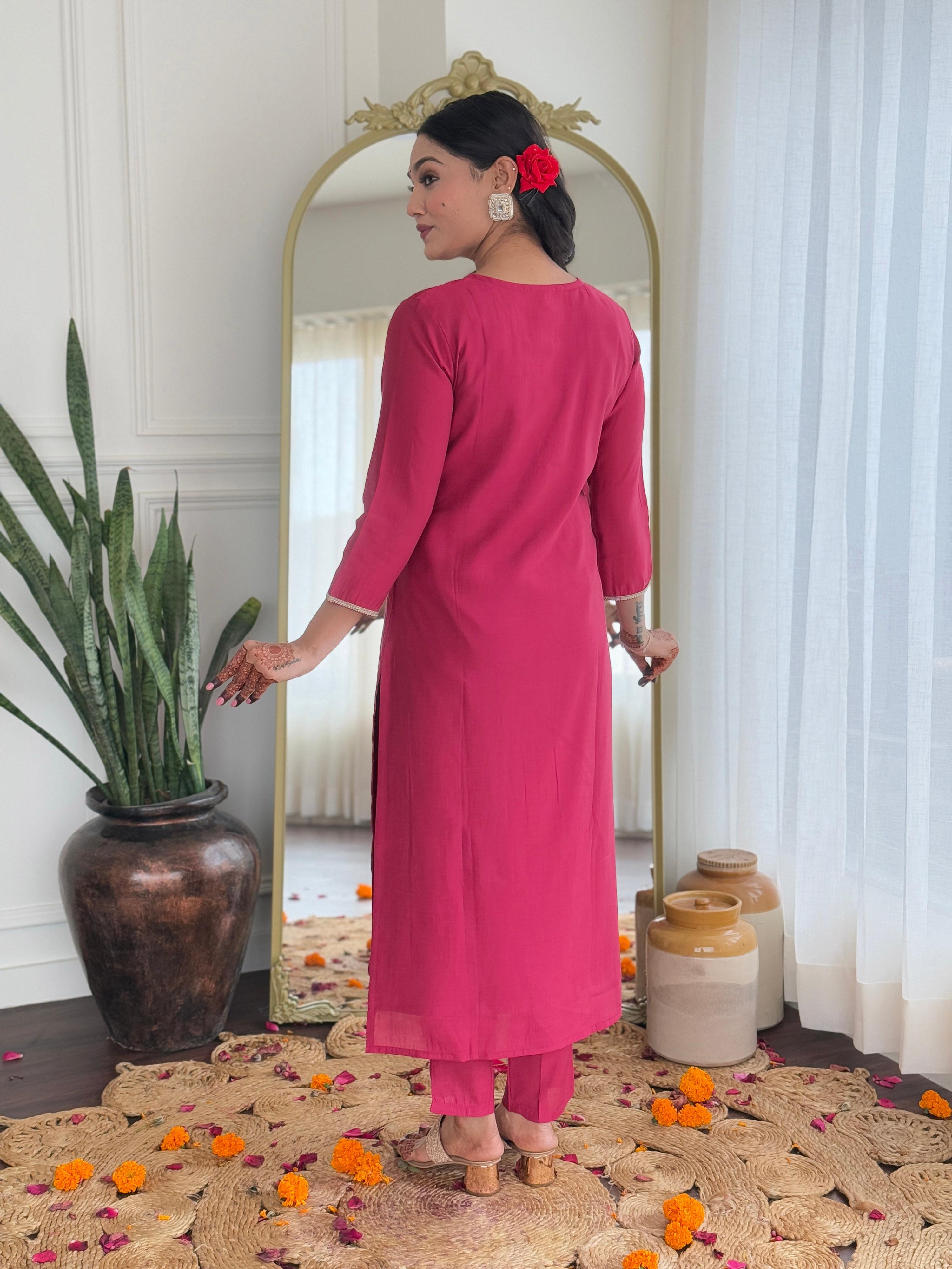 The52 Women's Viscose Silk Embroidery work Straight Kurta with Pant and Dupatta Set