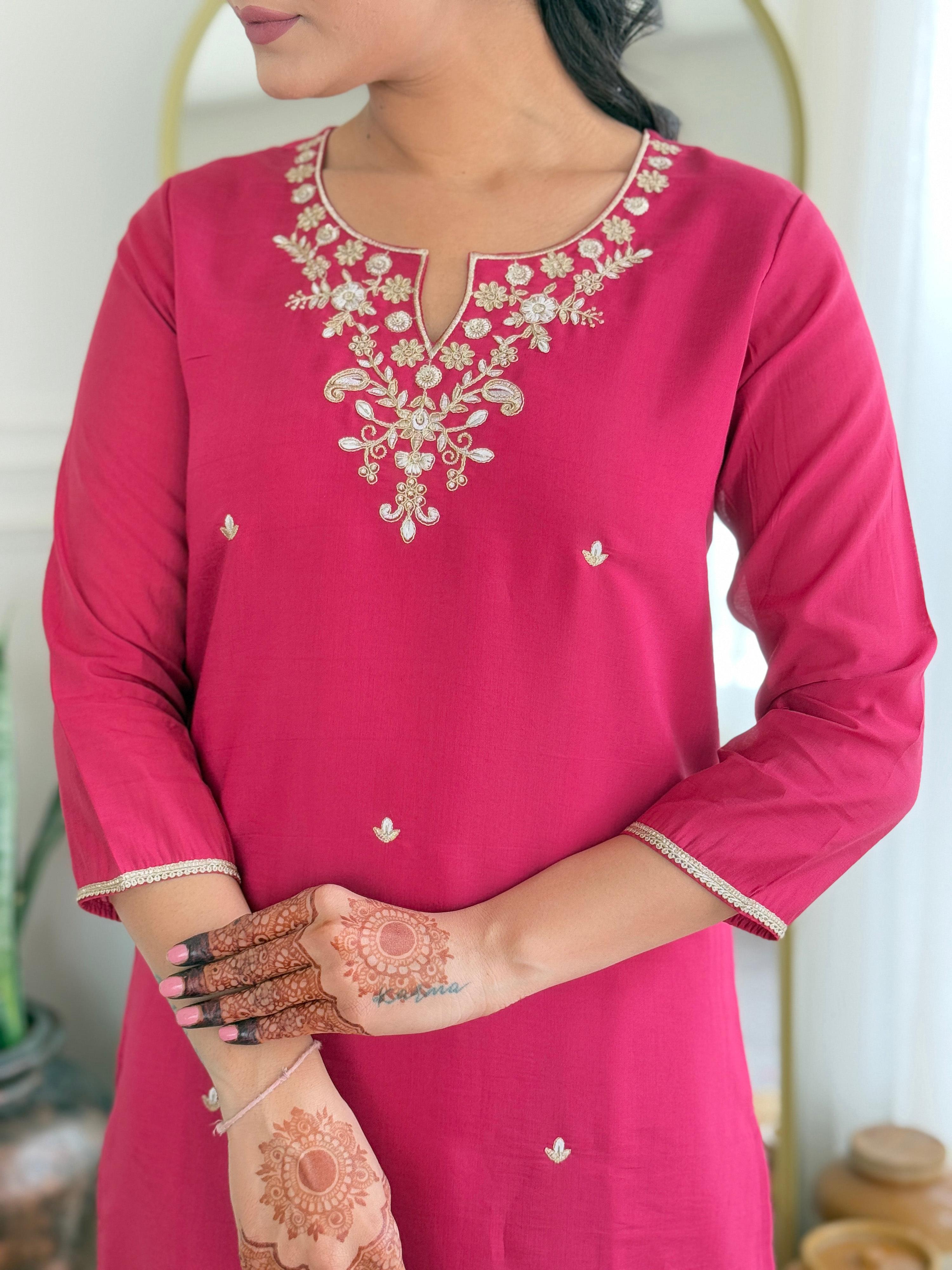 The52 Women's Viscose Silk Embroidery work Straight Kurta with Pant and Dupatta Set