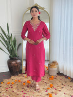 Thumbnail for The52 Women's Viscose Silk Embroidery work Straight Kurta with Pant and Dupatta Set