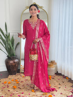 Thumbnail for The52 Women's Viscose Silk Embroidery work Straight Kurta with Pant and Dupatta Set