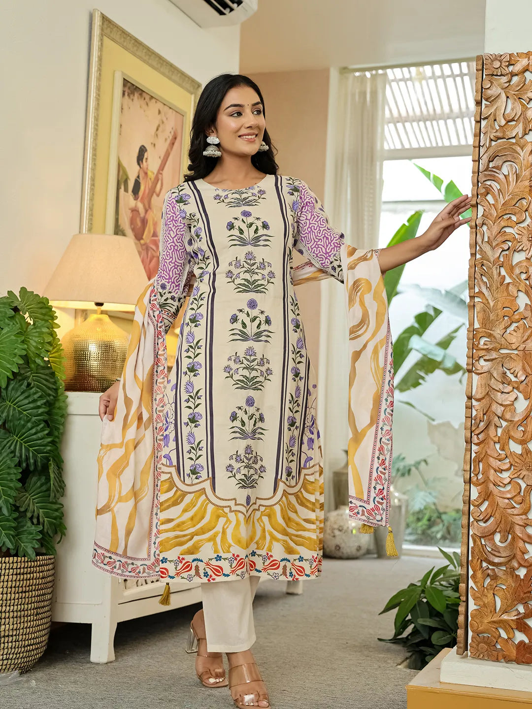 Yufta Yellow Cotton Straight Floral Print Beads And Stones Kurta Dupatta Set - Distacart