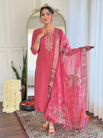 Thumbnail for The52 Women's Chanderi Embroidery work Straight Kurta with Pant and Dupatta Set