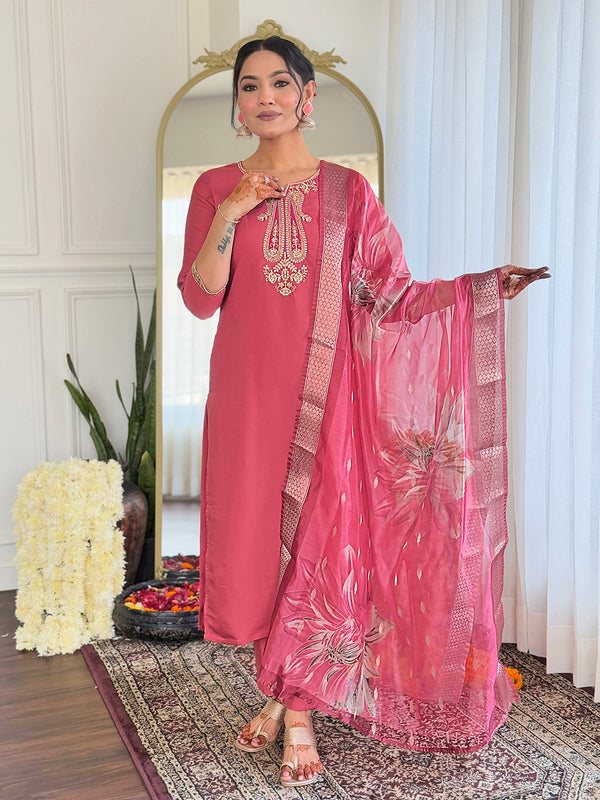 The52 Women's Chanderi Embroidery work Straight Kurta with Pant and Dupatta Set