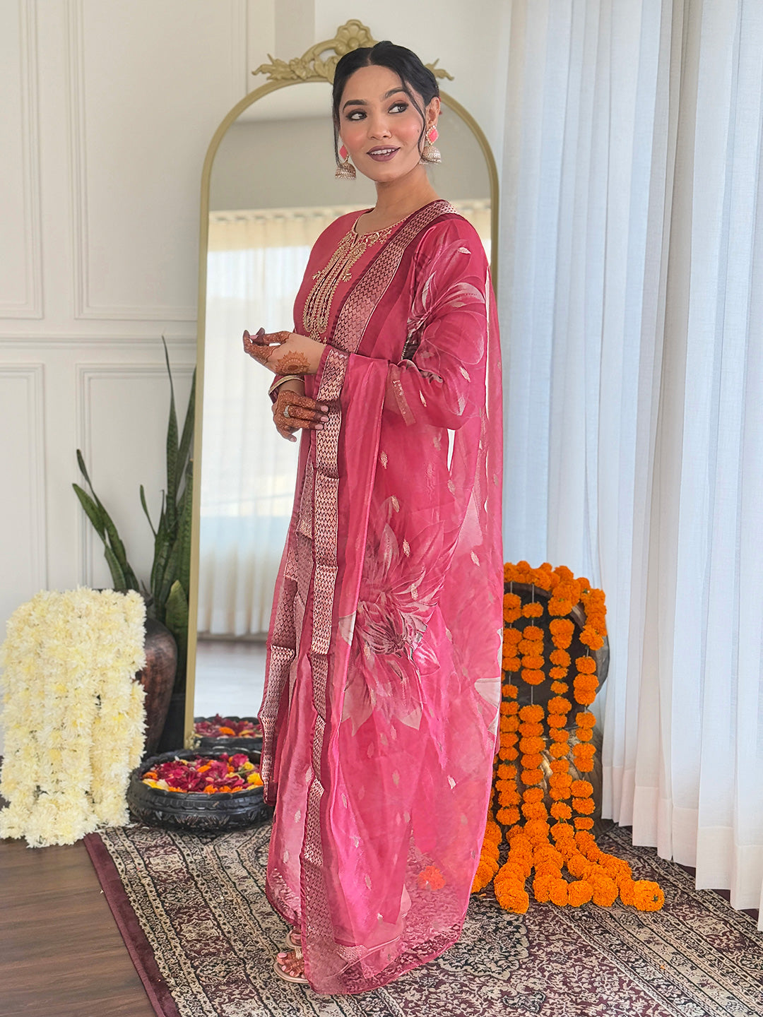 The52 Women's Chanderi Embroidery work Straight Kurta with Pant and Dupatta Set