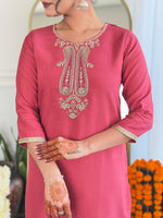 Thumbnail for The52 Women's Chanderi Embroidery work Straight Kurta with Pant and Dupatta Set