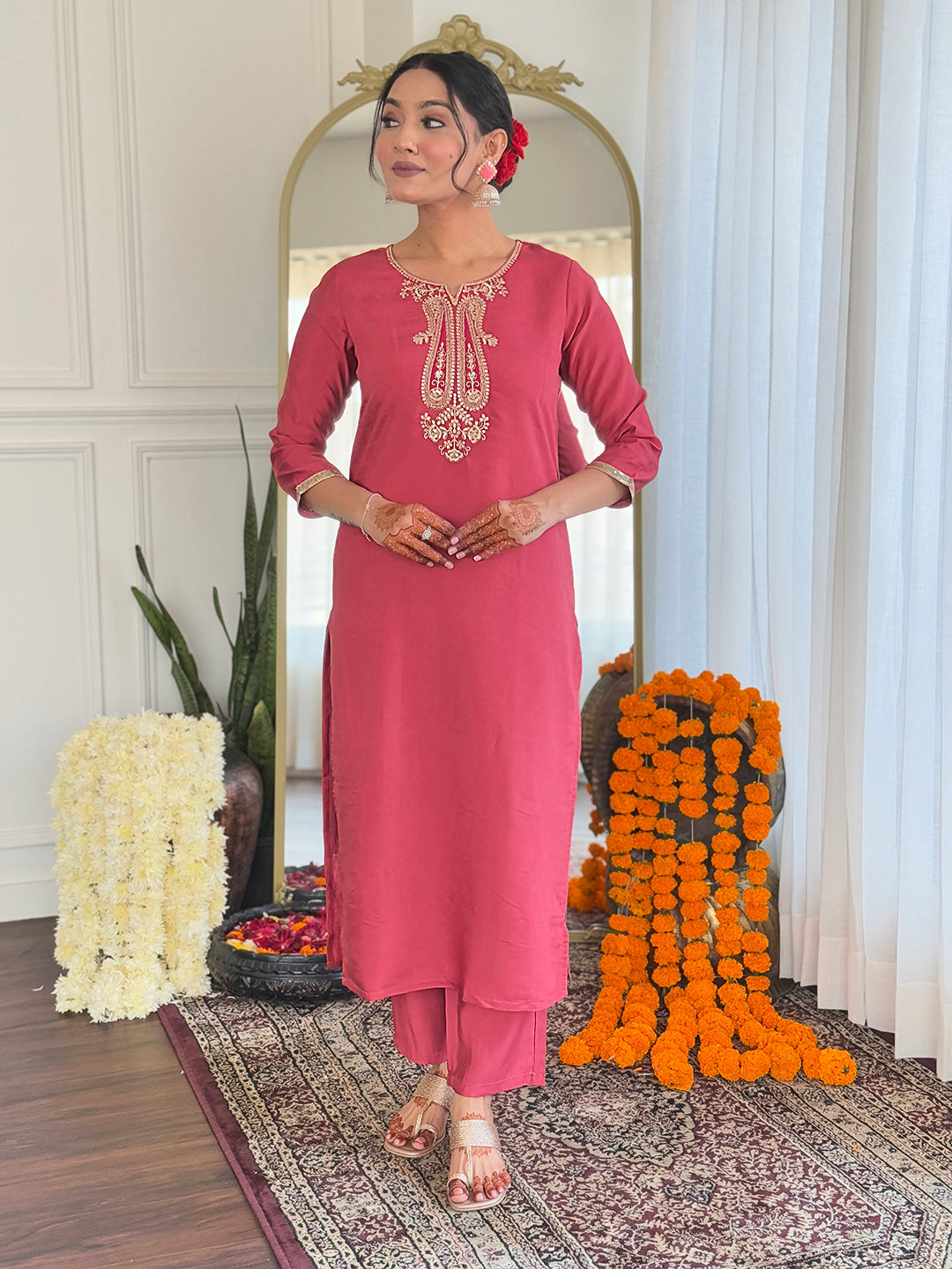 The52 Women's Chanderi Embroidery work Straight Kurta with Pant and Dupatta Set