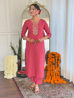 Thumbnail for The52 Women's Chanderi Embroidery work Straight Kurta with Pant and Dupatta Set