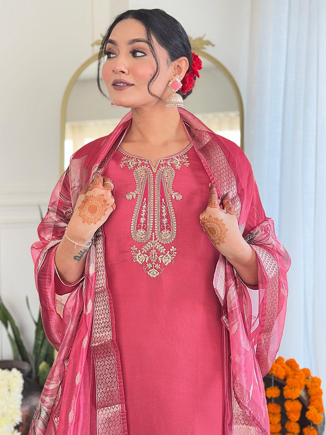 The52 Women's Chanderi Embroidery work Straight Kurta with Pant and Dupatta Set