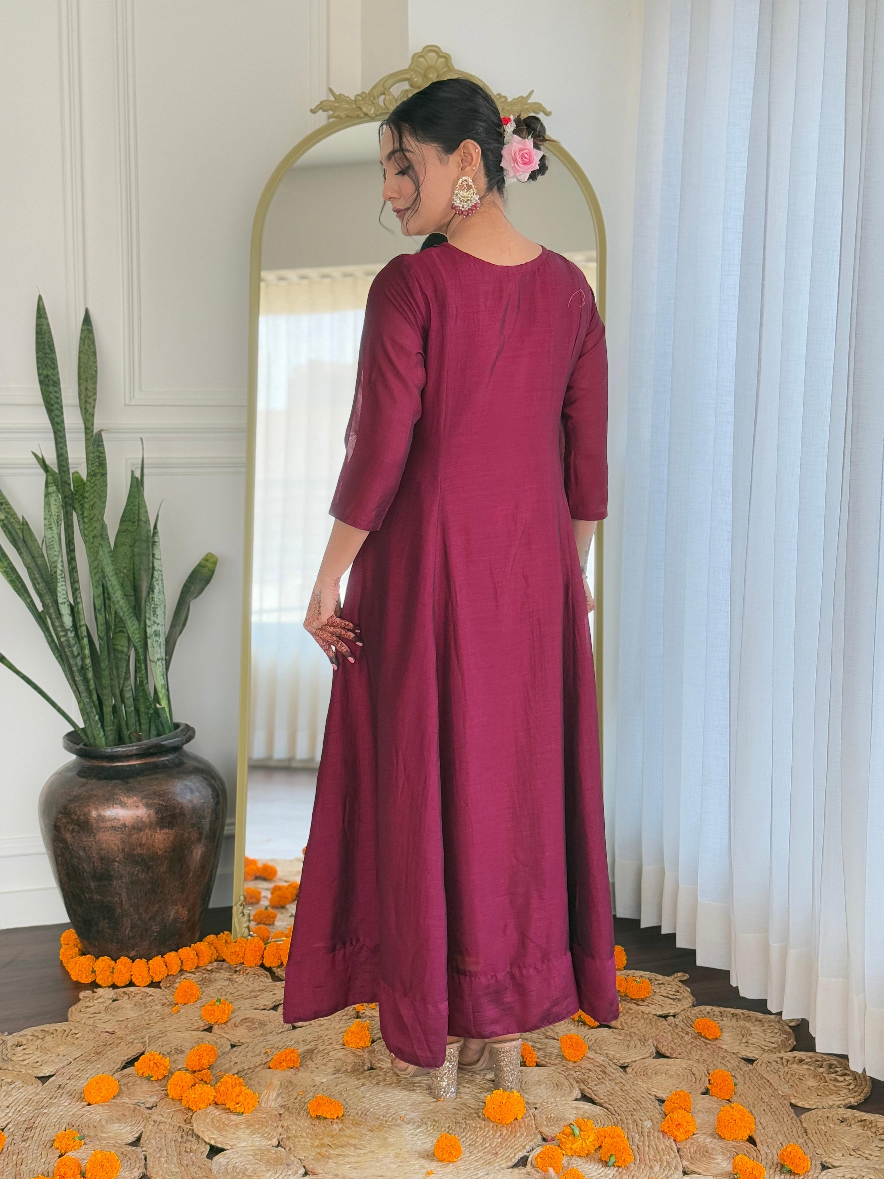 The52 Embroidery Work with Vichitra Silk Fabric A-line Kurta, Pant and Dupatta Set