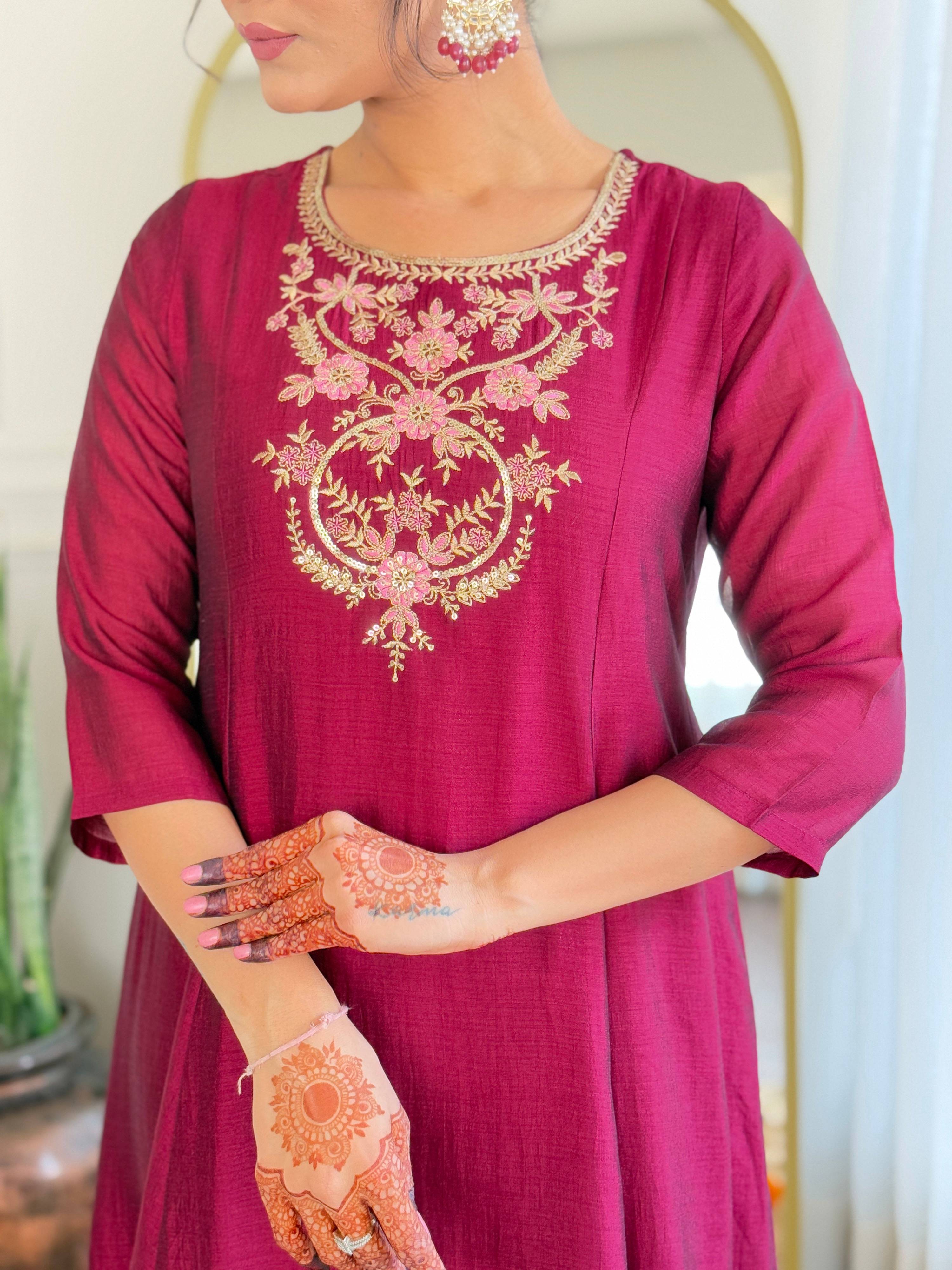 The52 Embroidery Work with Vichitra Silk Fabric A-line Kurta, Pant and Dupatta Set