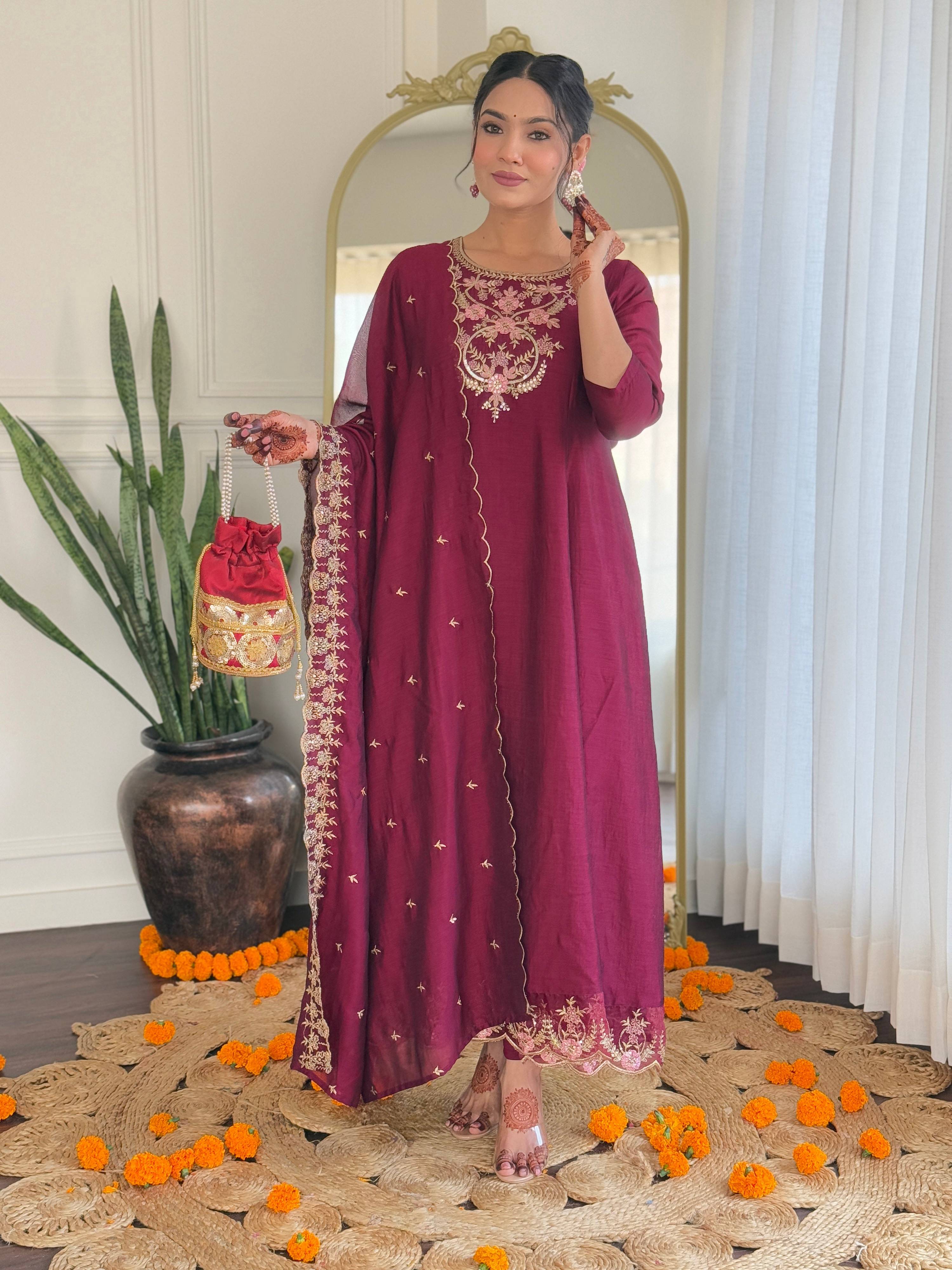 The52 Embroidery Work with Vichitra Silk Fabric A-line Kurta, Pant and Dupatta Set