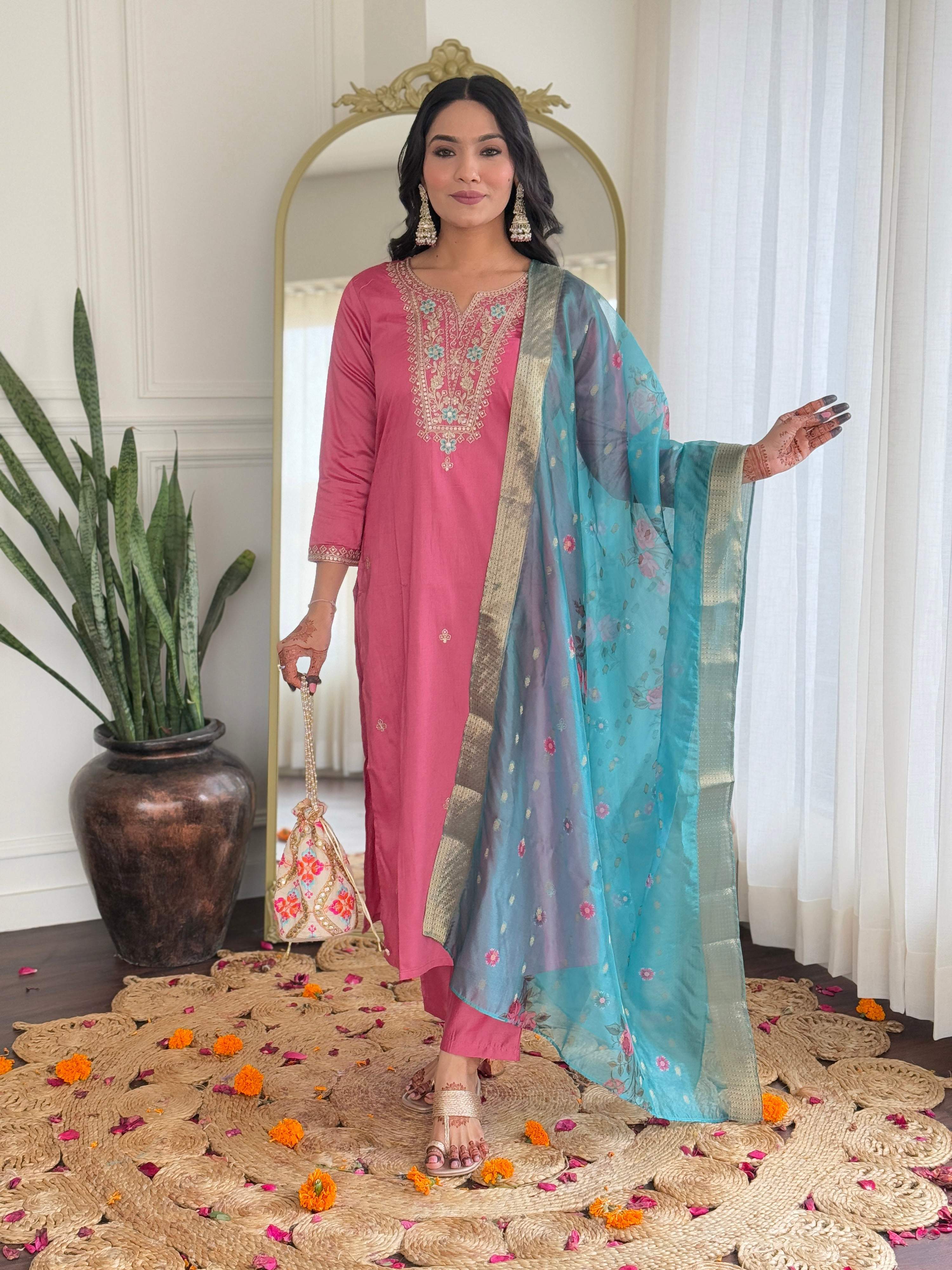 The52 Women Gorgeous Embroidery Work with Viscose Silk Fabric Straight Kurta, Pant and Dupatta Set