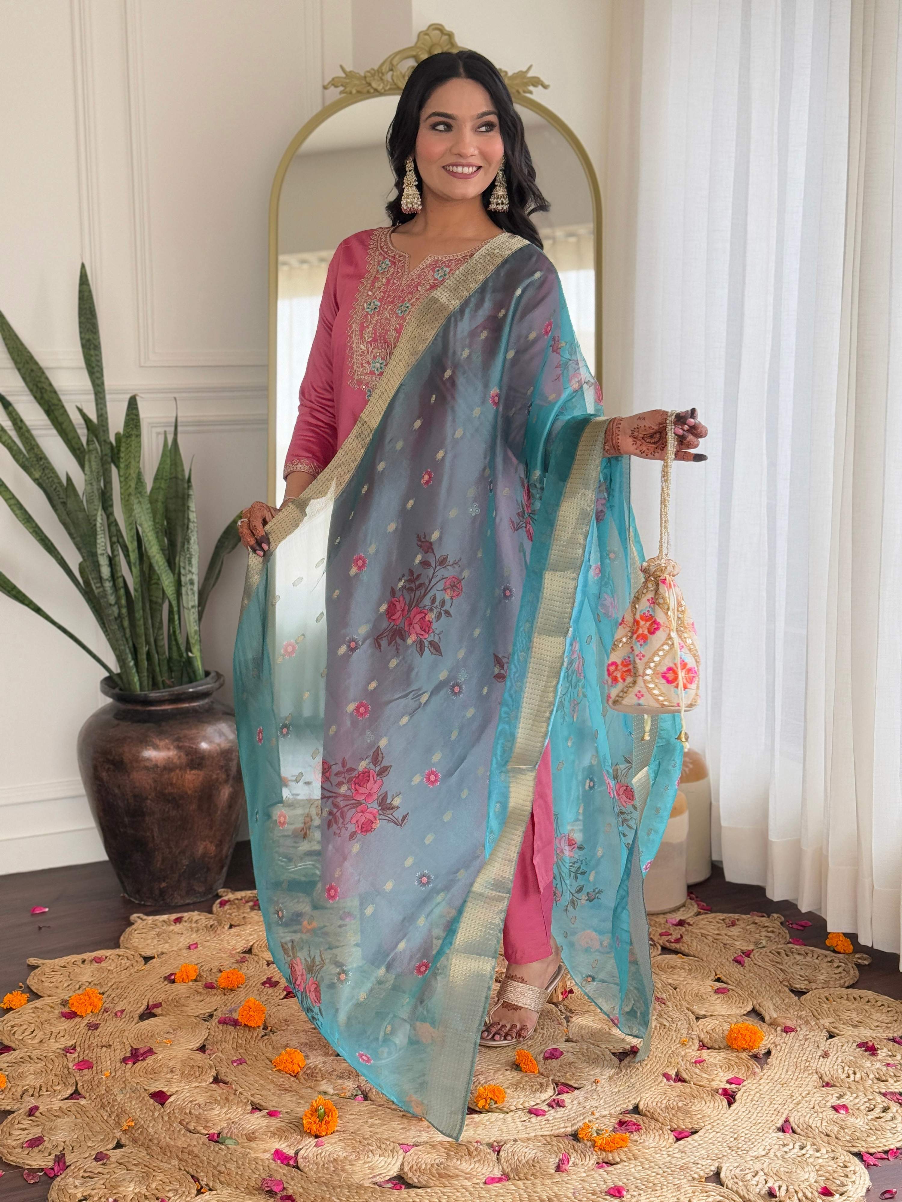 The52 Women Gorgeous Embroidery Work with Viscose Silk Fabric Straight Kurta, Pant and Dupatta Set