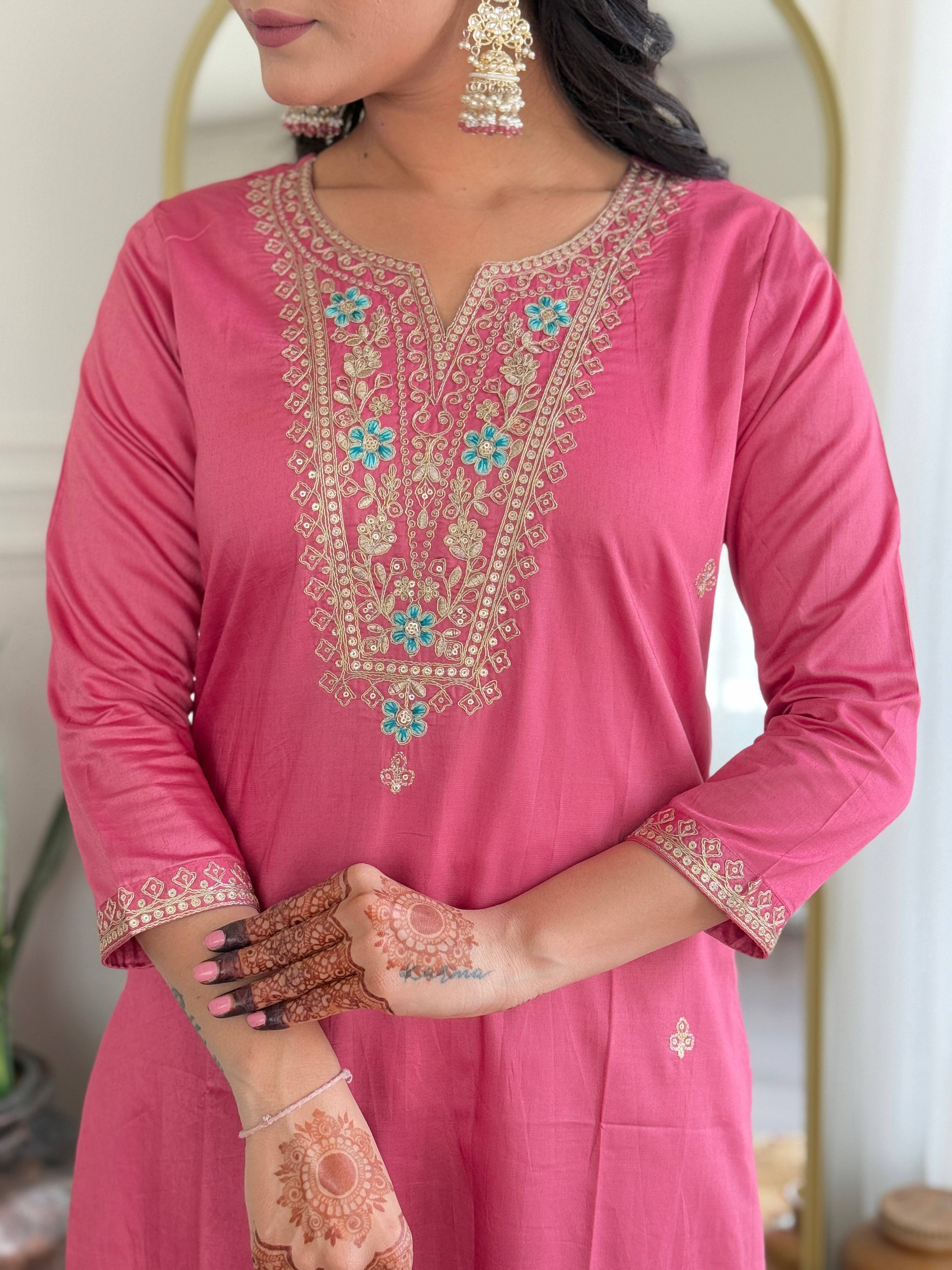 The52 Women Gorgeous Embroidery Work with Viscose Silk Fabric Straight Kurta, Pant and Dupatta Set