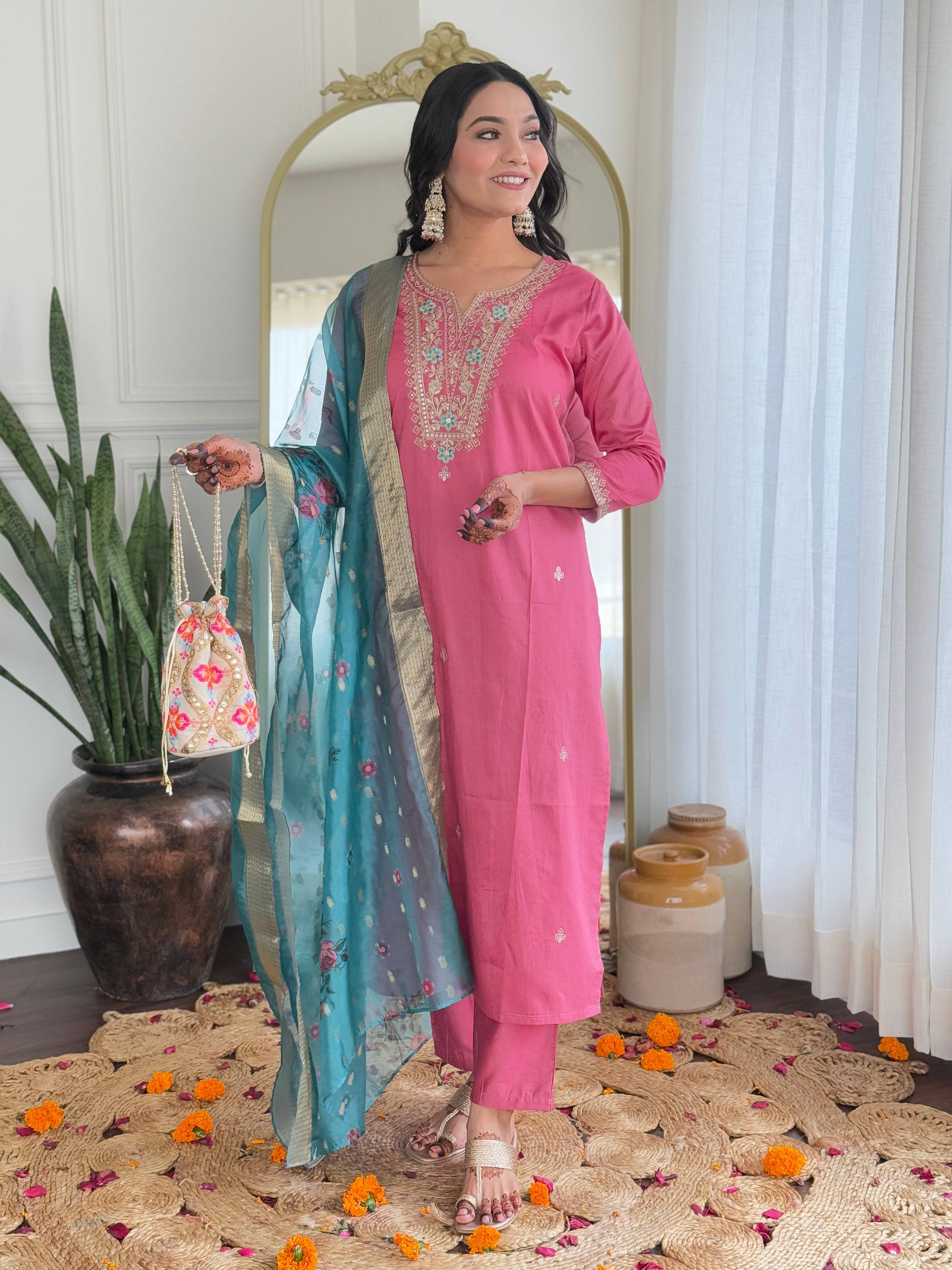 The52 Women Gorgeous Embroidery Work with Viscose Silk Fabric Straight Kurta, Pant and Dupatta Set