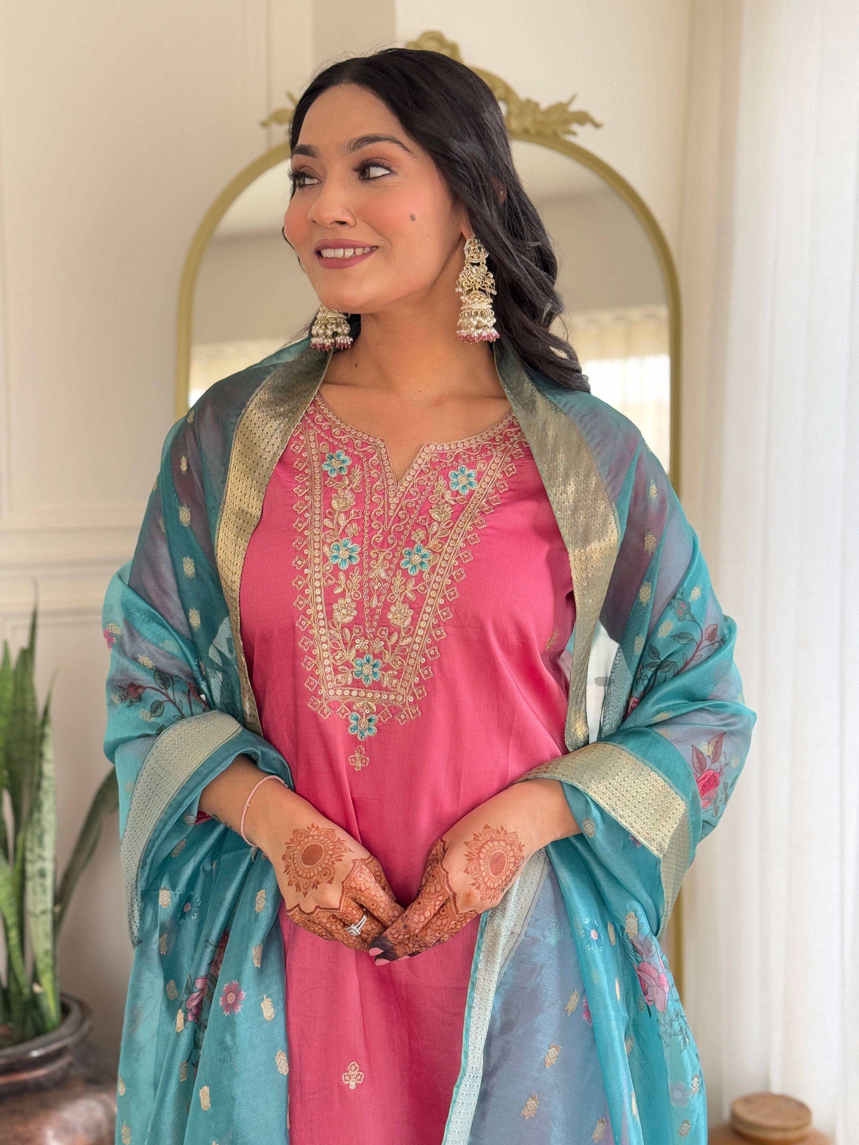 The52 Women Gorgeous Embroidery Work with Viscose Silk Fabric Straight Kurta, Pant and Dupatta Set
