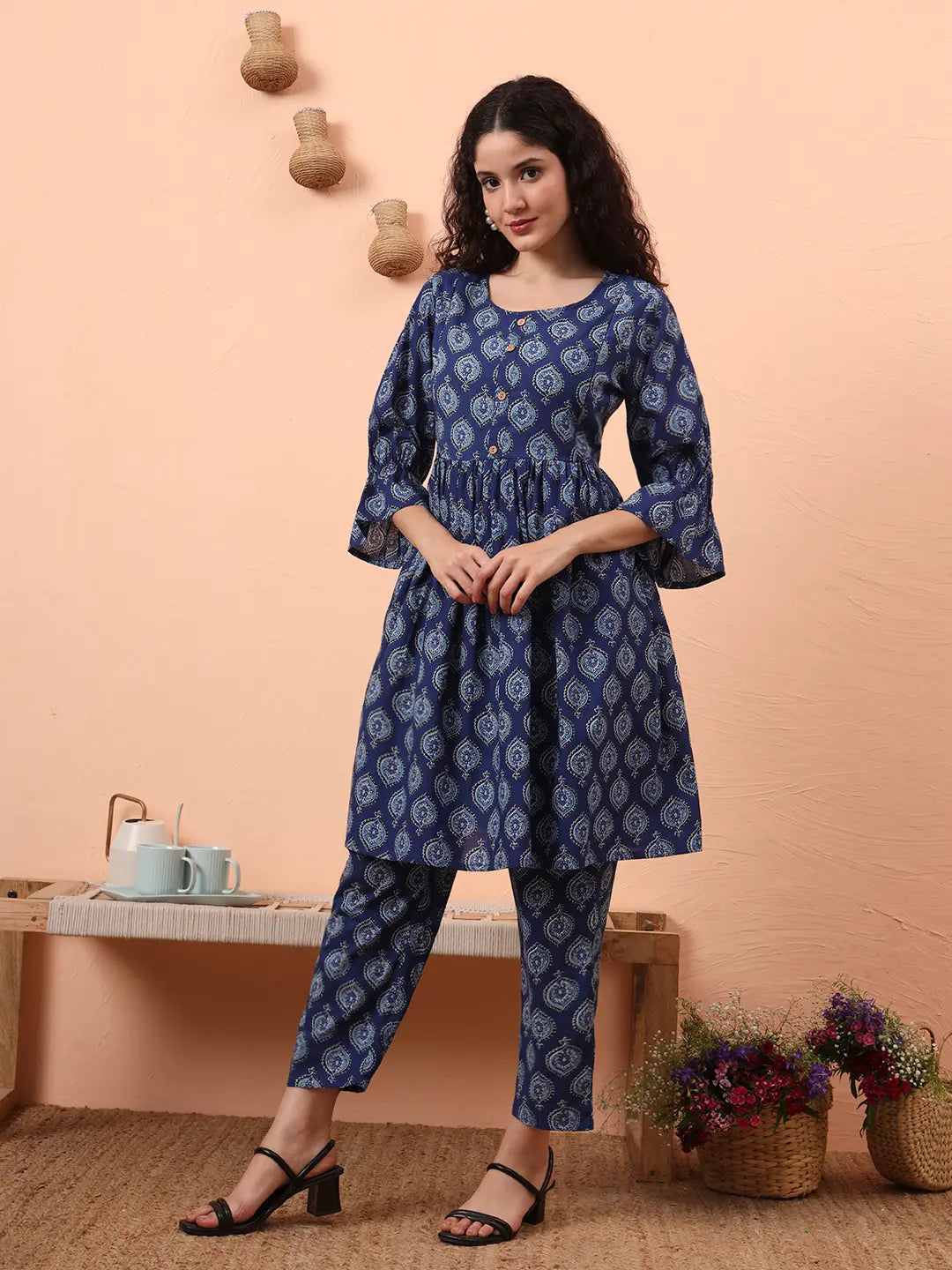 Yufta Blue Cotton Maternity A-Line Kurta Pant Set - Distacart