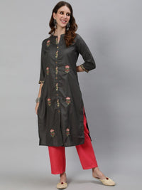 Thumbnail for Aks Floral Embroidered Mandarin Collar Thread Work Detailed Straight Kurta with Trousers - Distacart