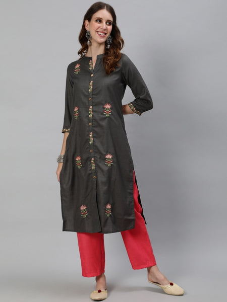 Aks Floral Embroidered Mandarin Collar Thread Work Detailed Straight Kurta with Trousers - Distacart