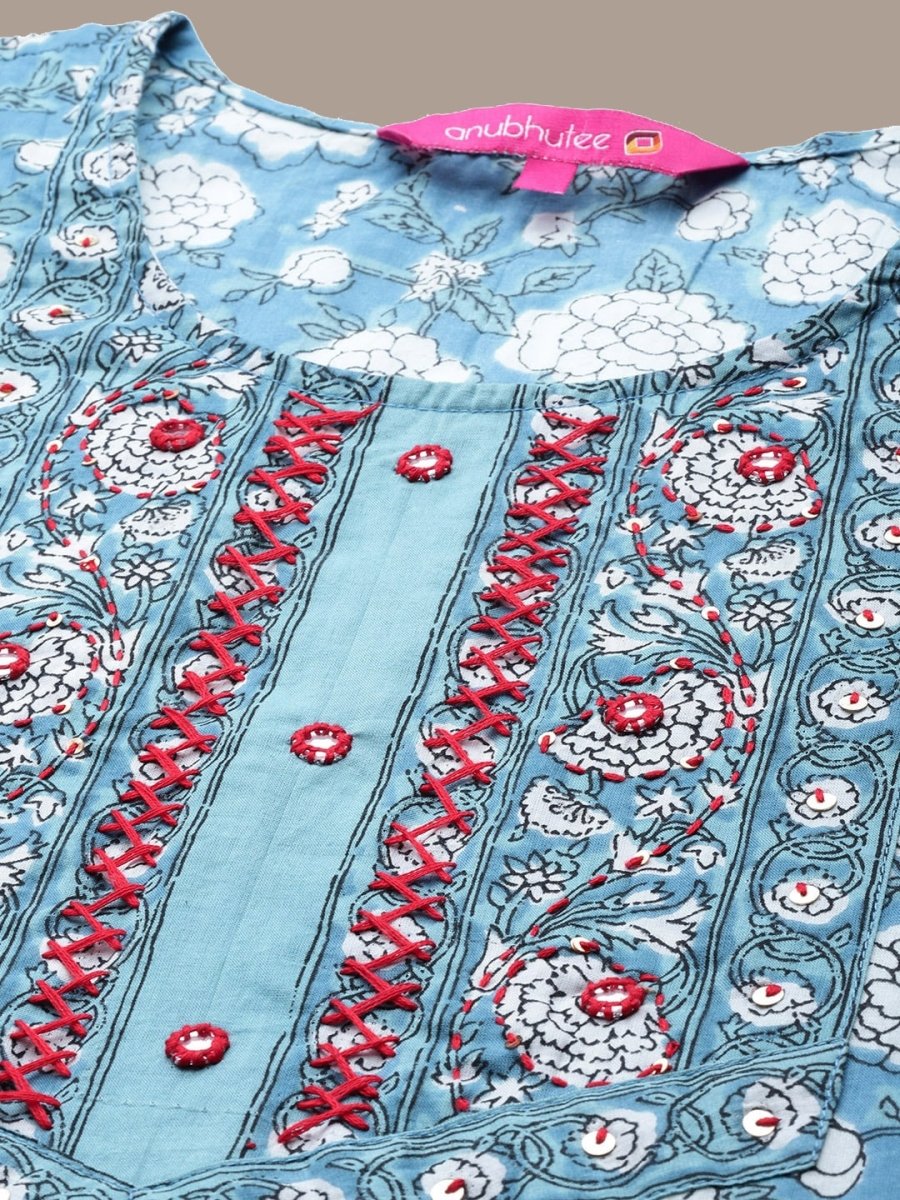 Anubhutee Floral Printed Mirror Work Pure Cotton Straight Kurta With Trousers & Dupatta - Distacart