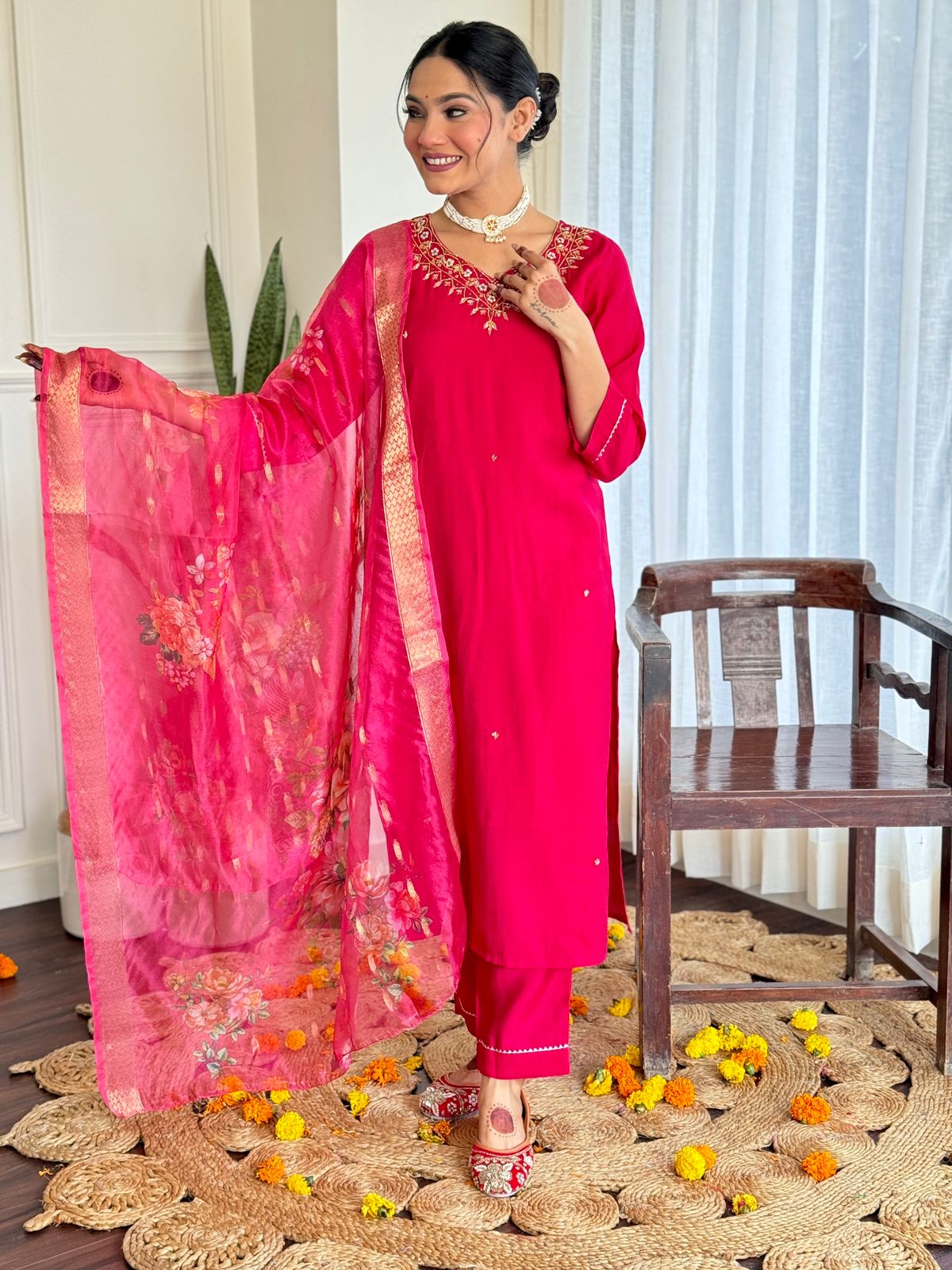 The52 Women's Beautiful Viscose Embroidery work Straight Kurta with Pant and Dupatta Set