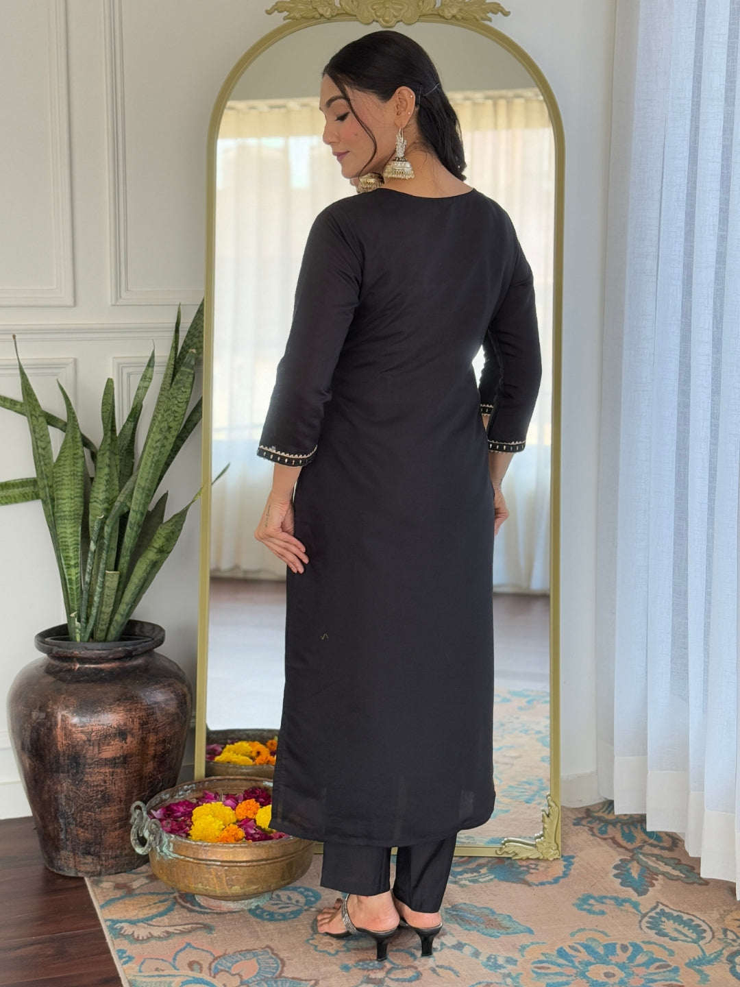 The52 Women Embroidery Work with Rayon Fabric Straight Kurta, Pant and Dupatta Set